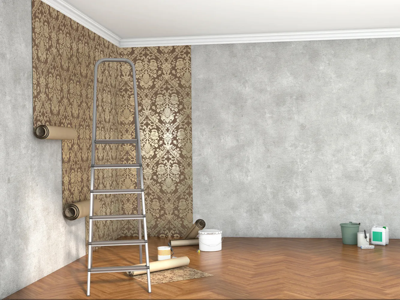 process of golden wallpaper installation in the room